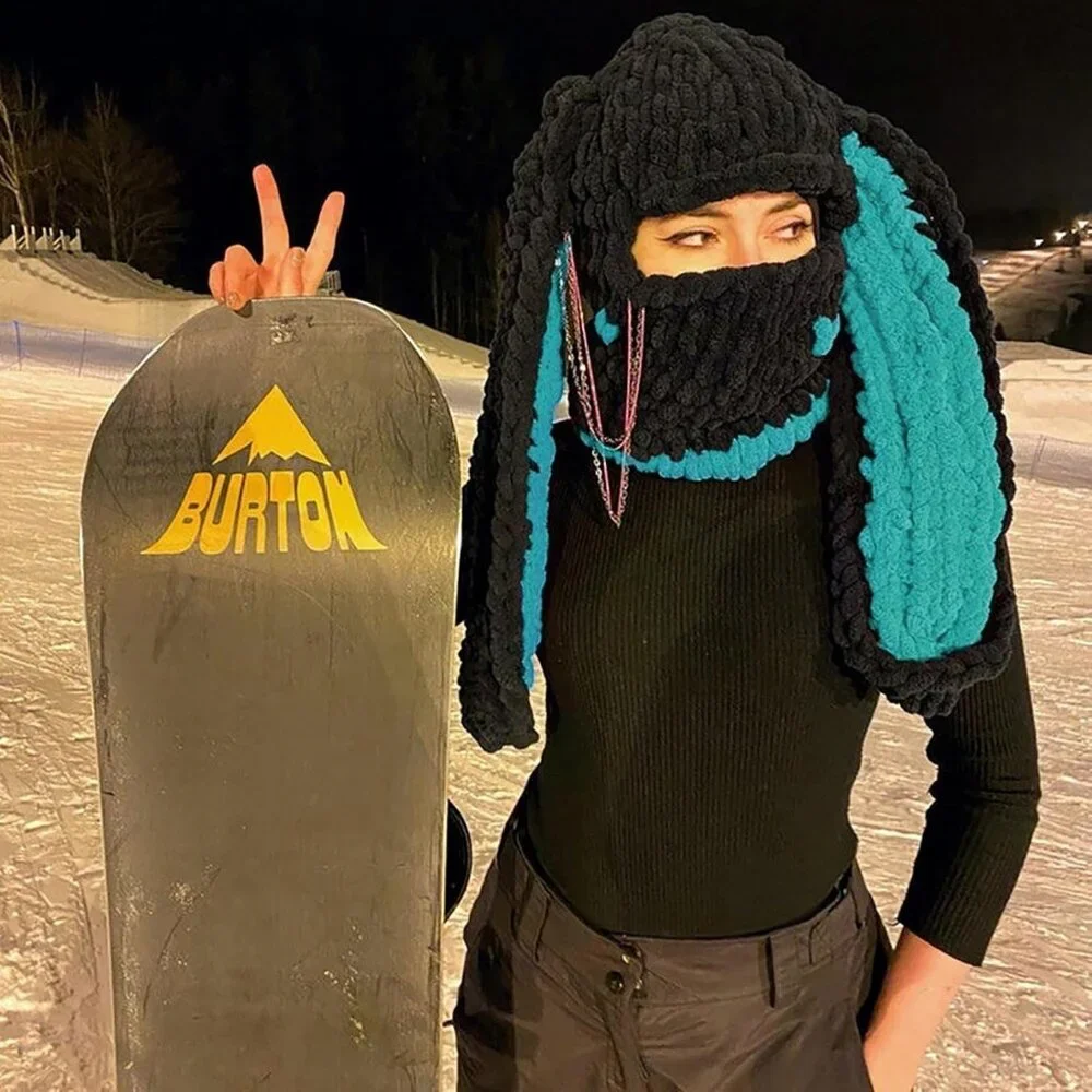 Women's Black Dark Green Bunny Hat Knit Plush Long Ears Fluffy Cosplay Party Hat - Picture 4 of 4